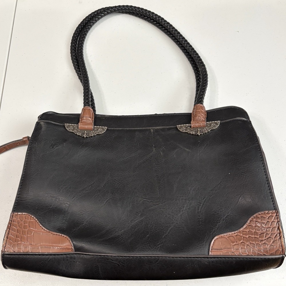 Bueno Of California Black Purse Handbag 8 Pockets Tote Bag Braided Strap